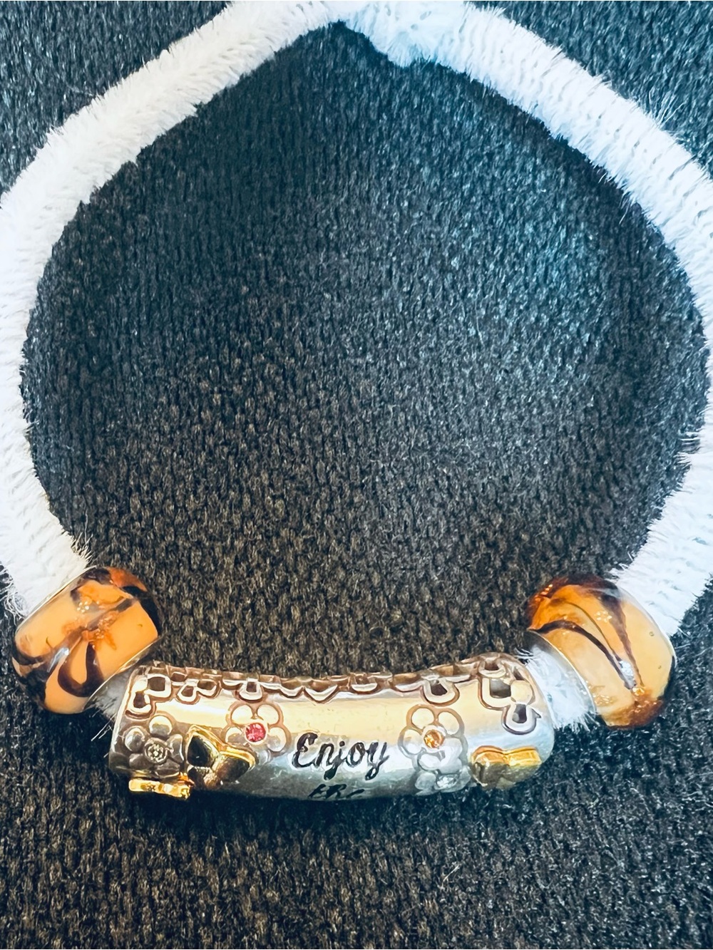 Brighton - Sterling Silver 'Enjoy' Floral Barrel Charm with Amber Glass Beads